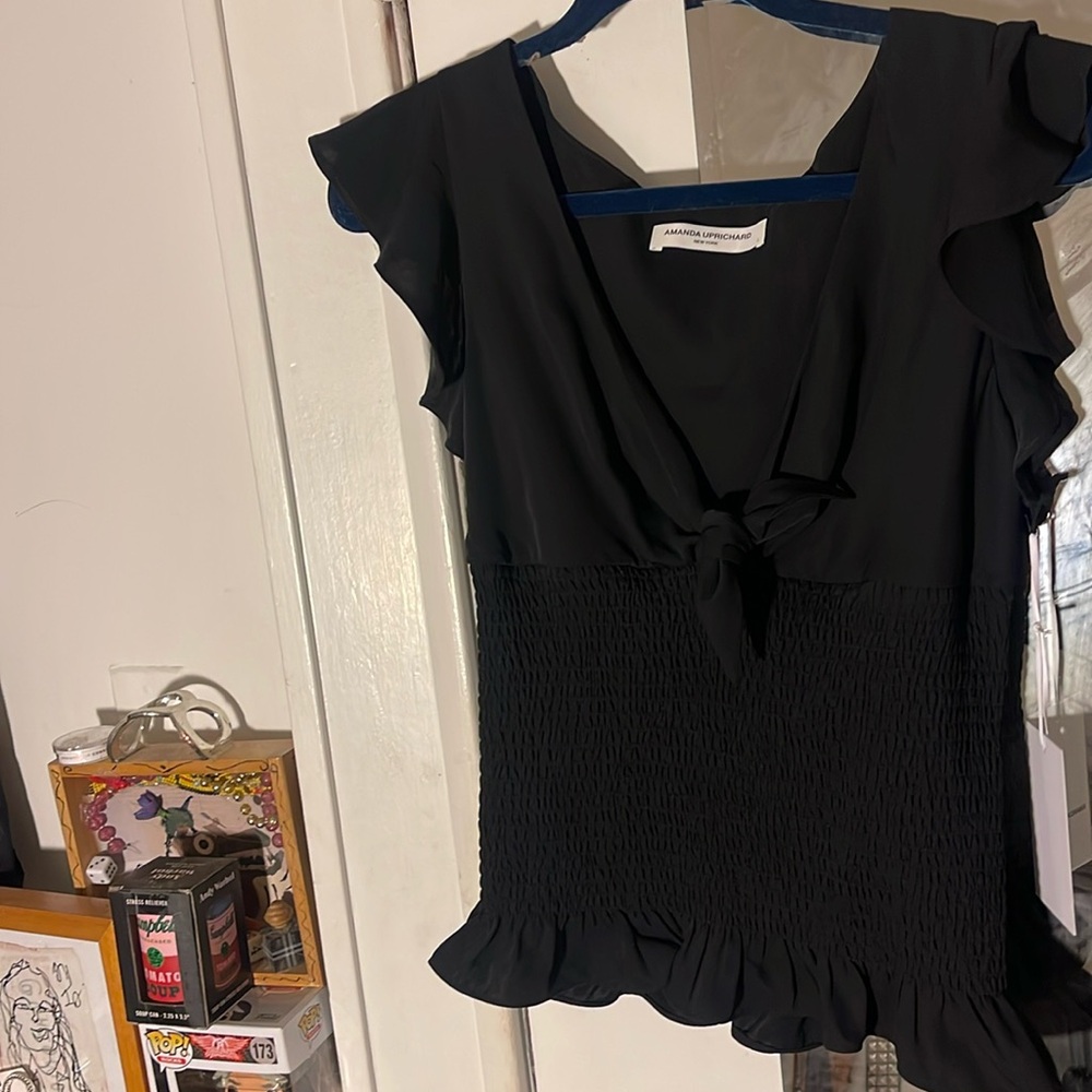 Amanda Uprichard beautiful smoked ruffle front tie black blouse